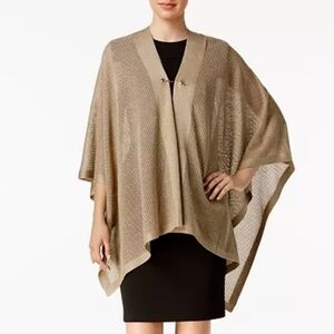 NWT Calvin Klein Open Knit Metallic Cape Shawl Poncho Tan Bronze Shimmer Size OS